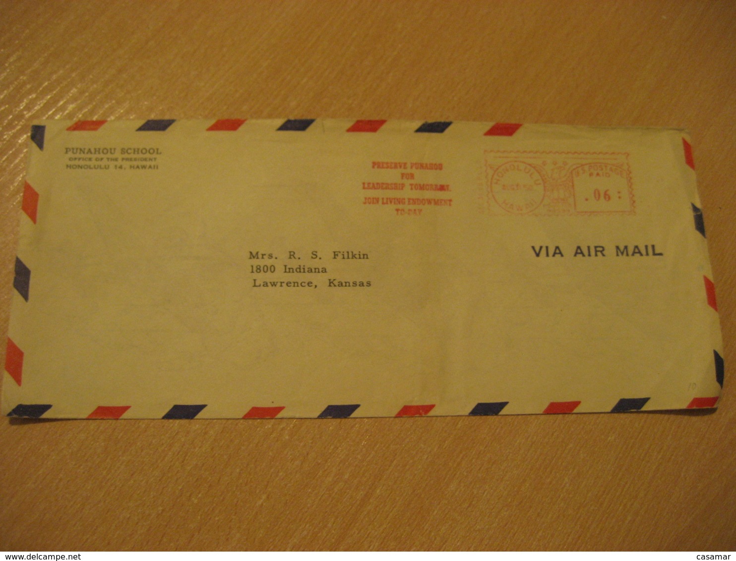 HONOLULU 1950 Punahou School HAWAII Meter Air Mail Cancel Cover USA - Hawaï