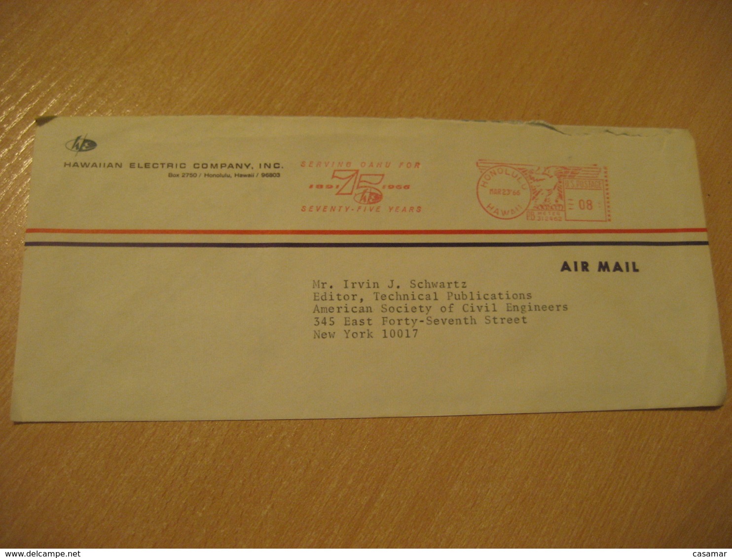 HONOLULU 1966 Hawaiian Electric Company Serving OAHU For 75 Years HAWAII Meter Air Mail Cancel Cover USA - Hawai