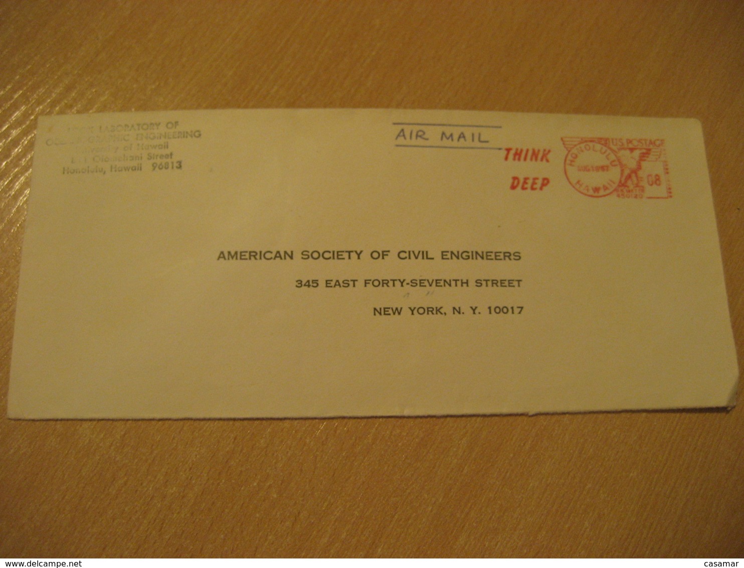 HONOLULU 1967 Think Deep HAWAII Meter Air Mail Cancel Cover USA - Hawai