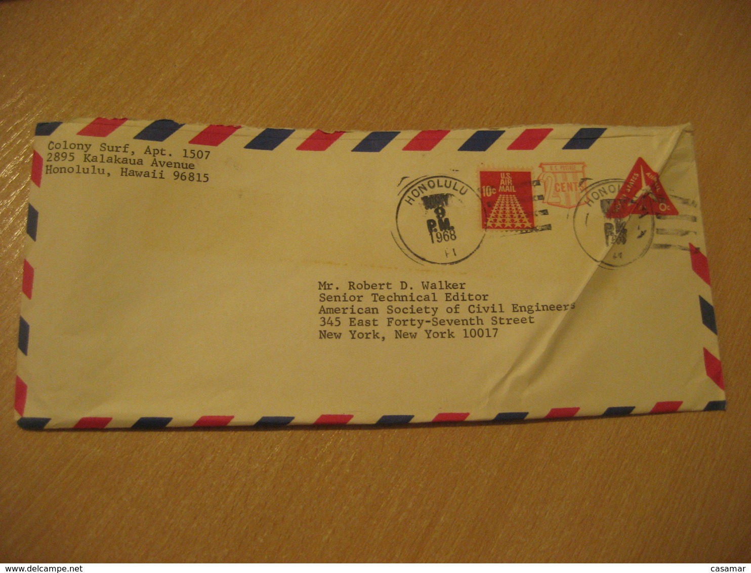 HONOLULU 1968 Colony Surf HAWAII Air Mail Cancel Postal Stationery Cover USA - Hawaï