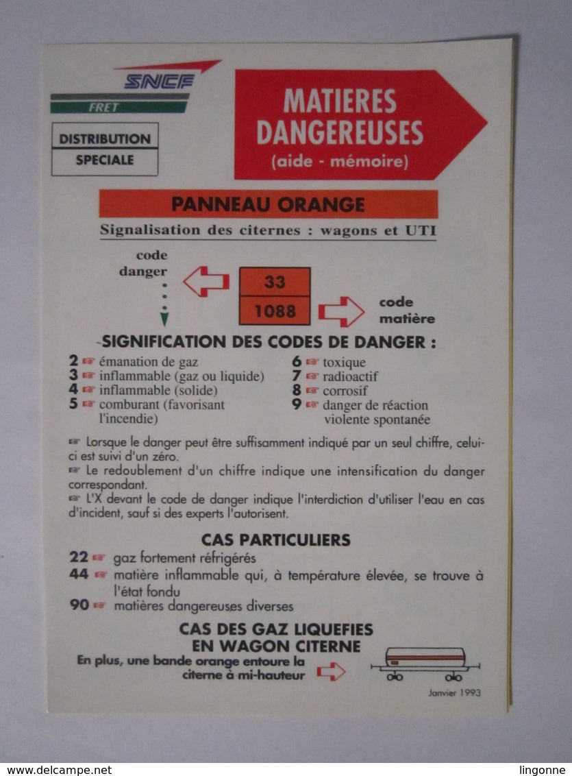 SNCF FRET 1993 Distribution Spéciale Matières Dangereuses (Aide - Mémoire) - Chemin De Fer