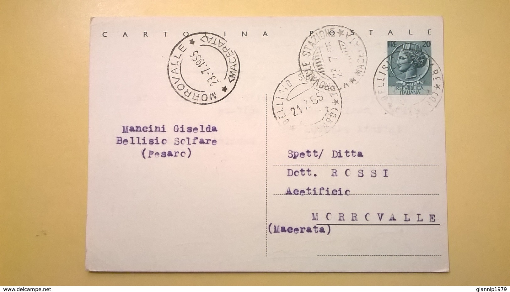 1955 INTERO CARTOLINA POSTALE SIRACUSANA 20 LIRE  ANNULLO MORROVALLE MACERATA - Interi Postali