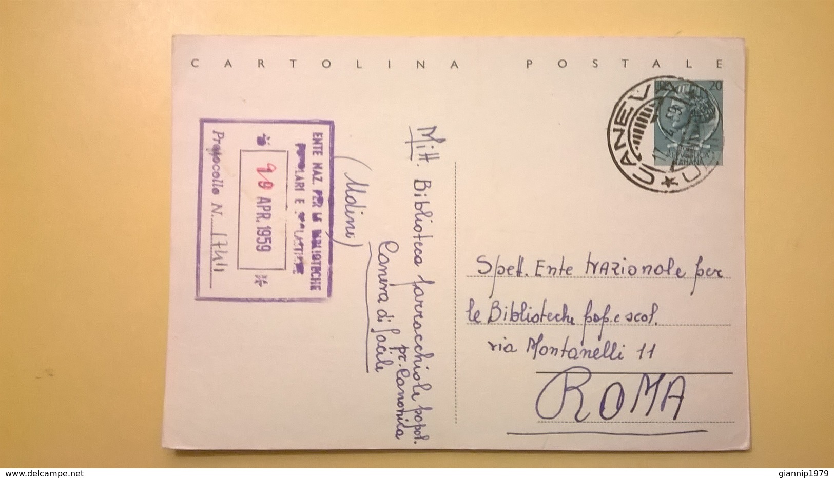 1959 INTERO CARTOLINA POSTALE SIRACUSANA 20 LIRE  ANNULLO CANEVA UDINE TIMBRO ENTE NAZ. BIBLIOTECHE - Interi Postali