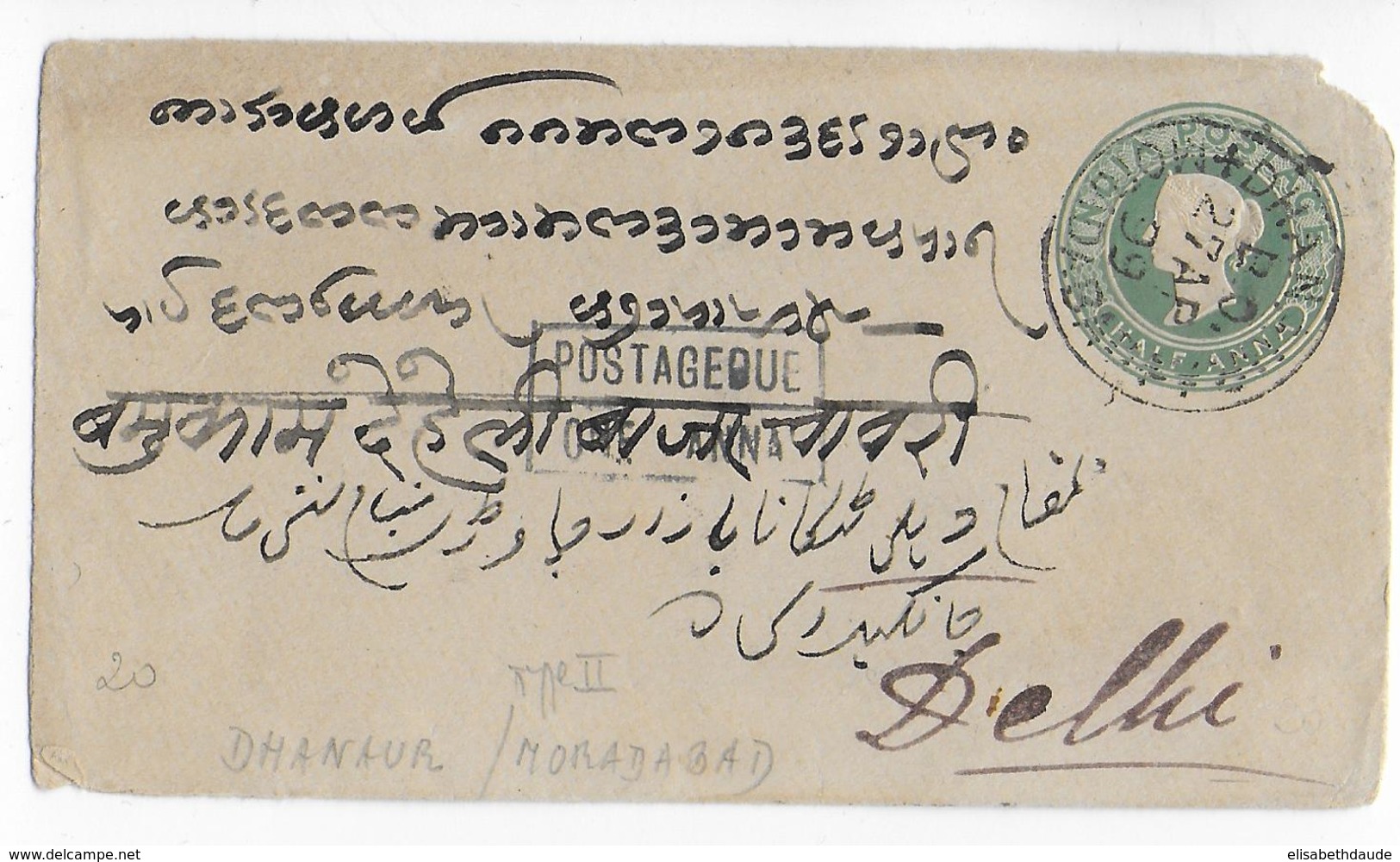 INDIA - 1899 - ENVELOPPE ENTIER POSTAL De DHANAUR => DELHI Avec TAXE 1 ANNA "POSTAGE DUE" - 1882-1901 Keizerrijk