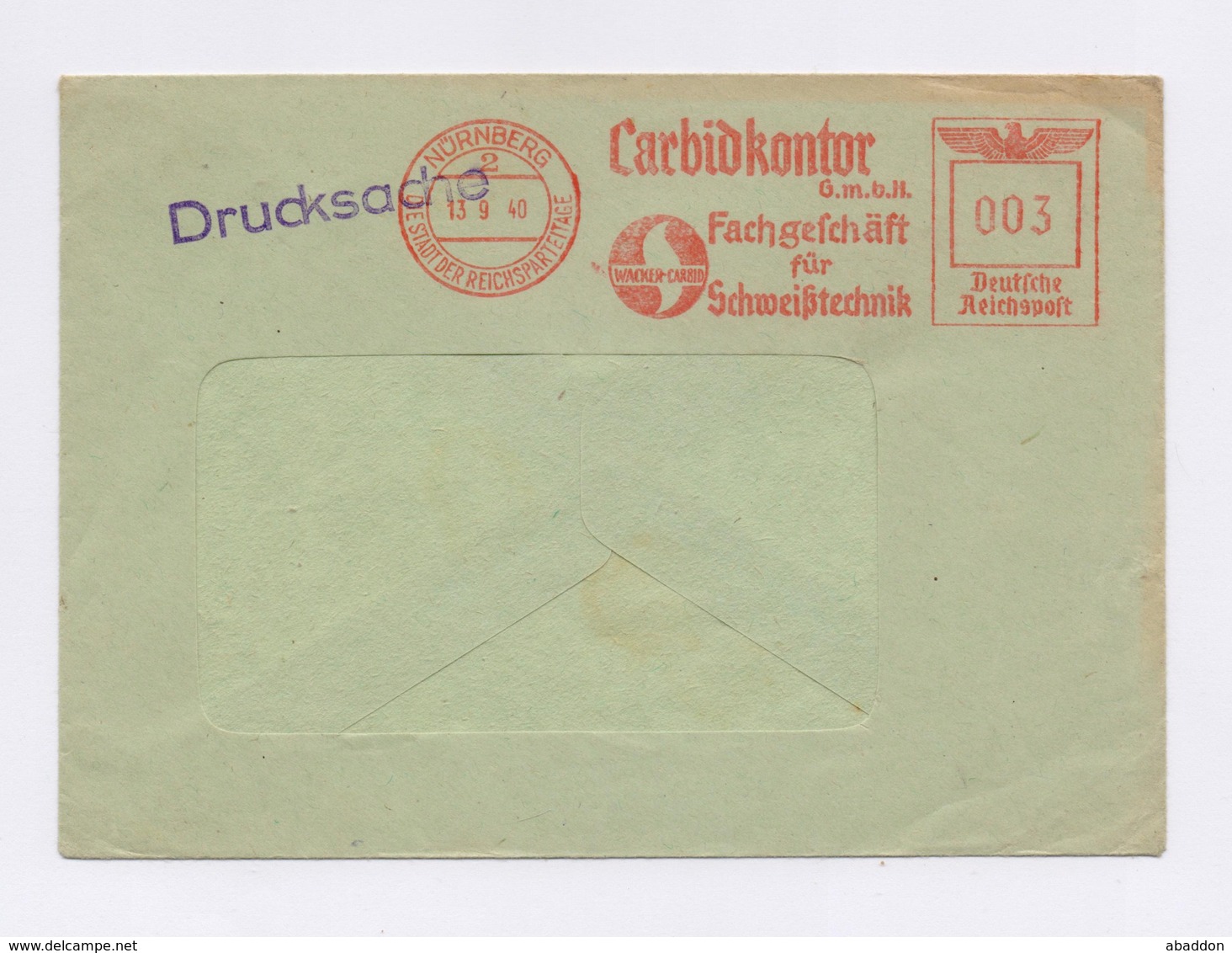 Umschlag AFS - NÜRNBERG, Carbidkontor GmbH, Fachgeschäft Für Schweißtechnik, Wacker Carbid 1940 - Maschinenstempel (EMA)