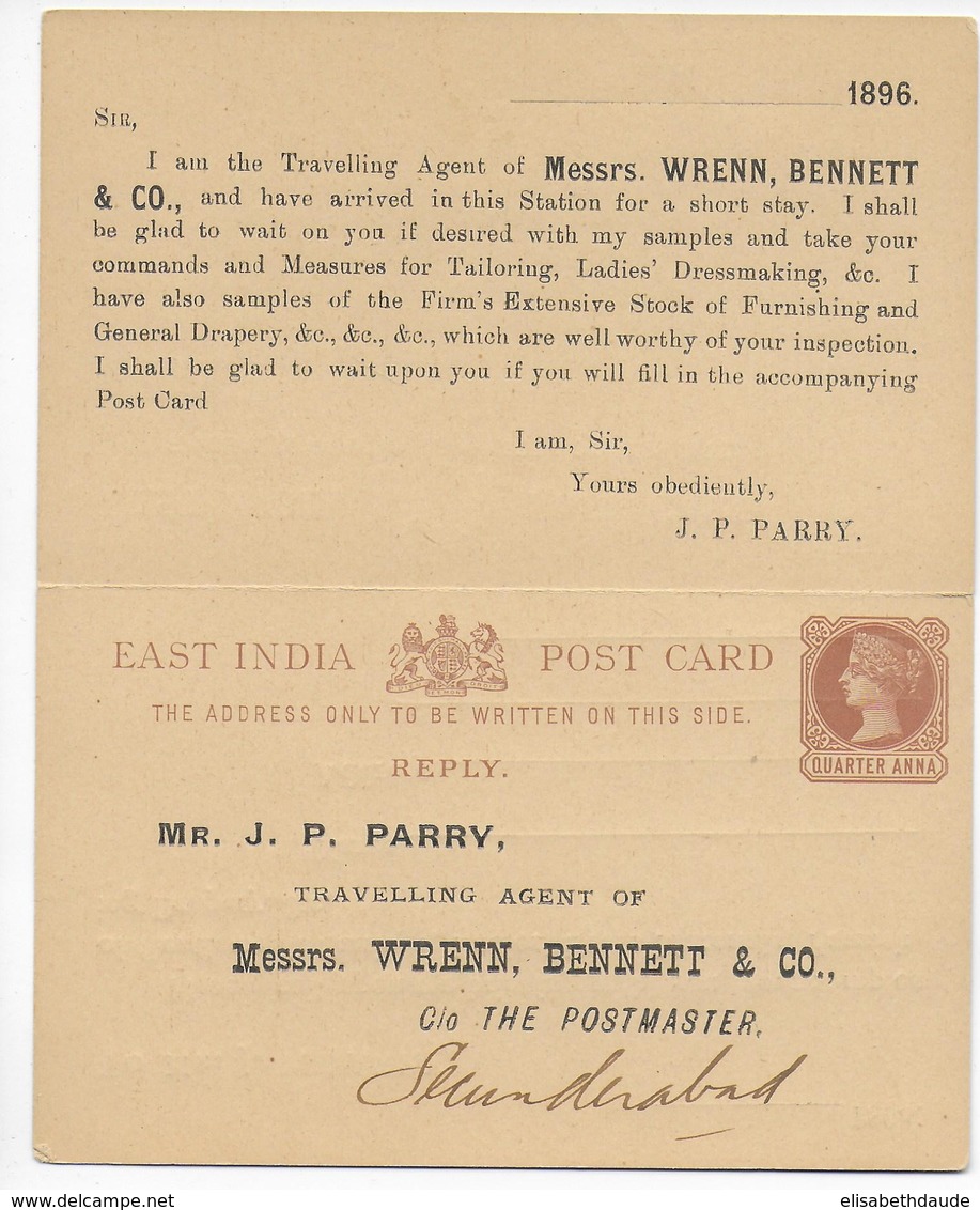 INDIA - CARTE ENTIER POSTAL REPONSE PAYEE Avec REPIQUAGE PRIVE - 1882-1901 Impero