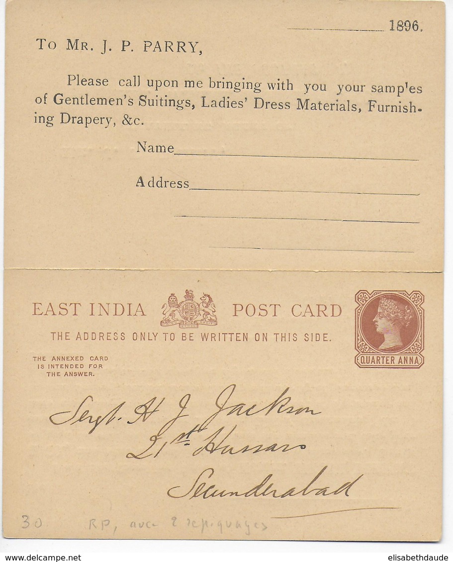 INDIA - CARTE ENTIER POSTAL REPONSE PAYEE Avec REPIQUAGE PRIVE - 1882-1901 Imperio