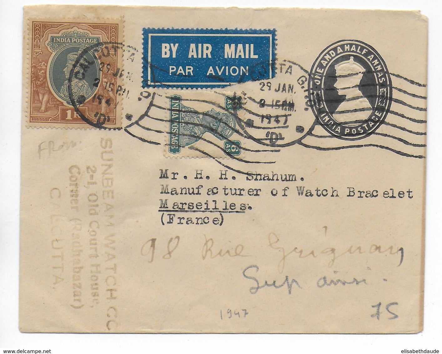 INDIA - 1947 - ENVELOPPE ENTIER POSTAL Par AVION De CALCUTTA => MARSEILLE - 1936-47 Koning George VI