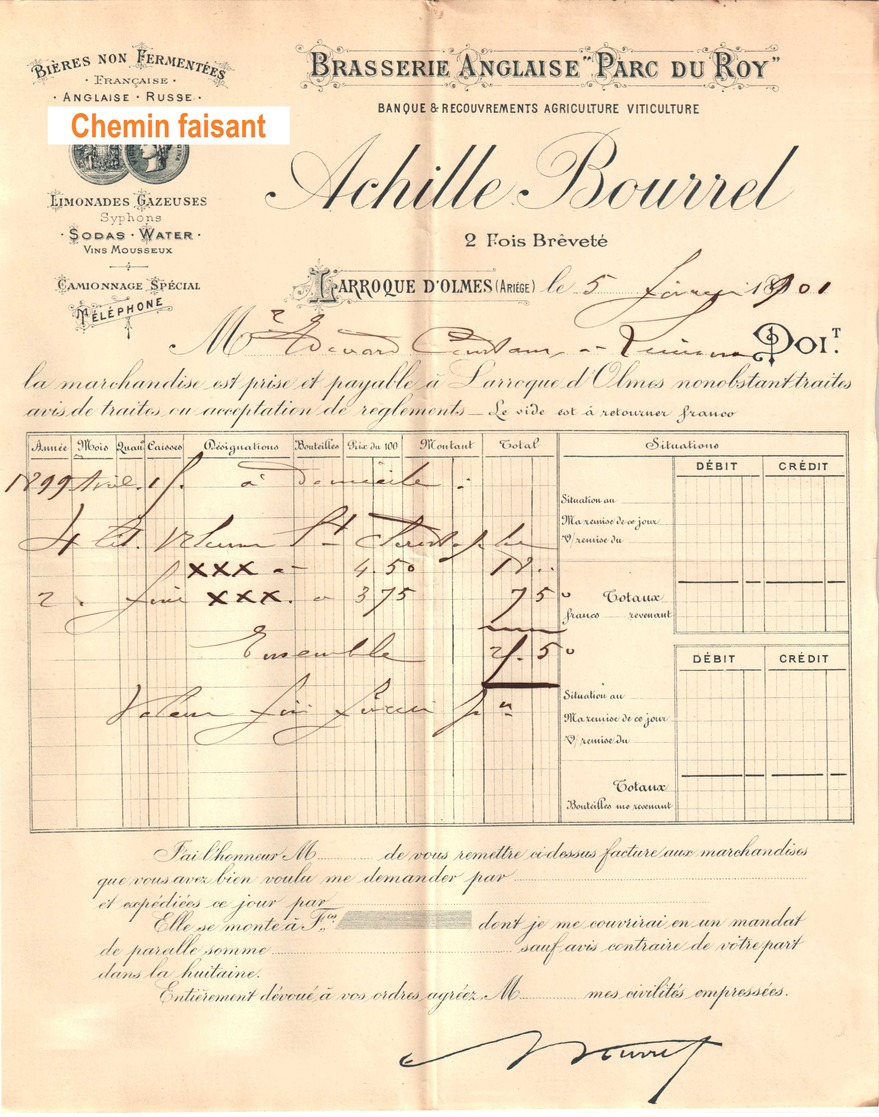 Document Du 05/02/1901 BOURREL Brasserie Anglaise - Larroque-d'Olmes 09 - 1900 – 1949