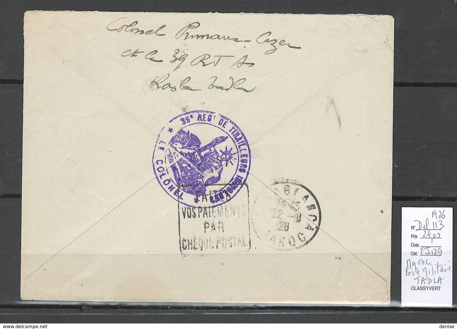 Maroc  - Poste Militaire -TADLA  - 1926 - Covers & Documents