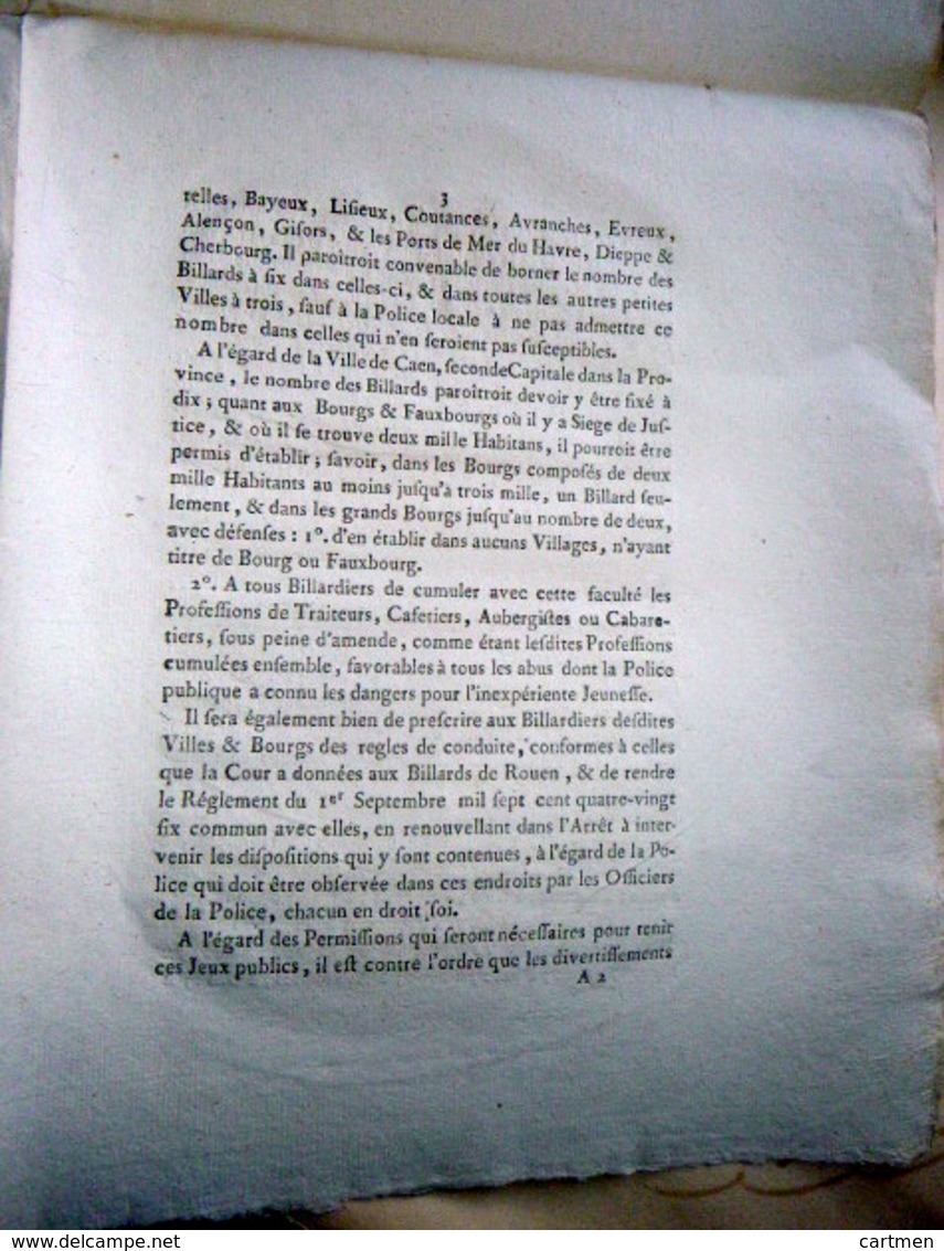 BILLARD JEUX CLANDESTINS  ARRET DE LA COUR LIMITANT LE NOMBRE DE BILLARDS EN NORMANDIE 1789 - Autres & Non Classés