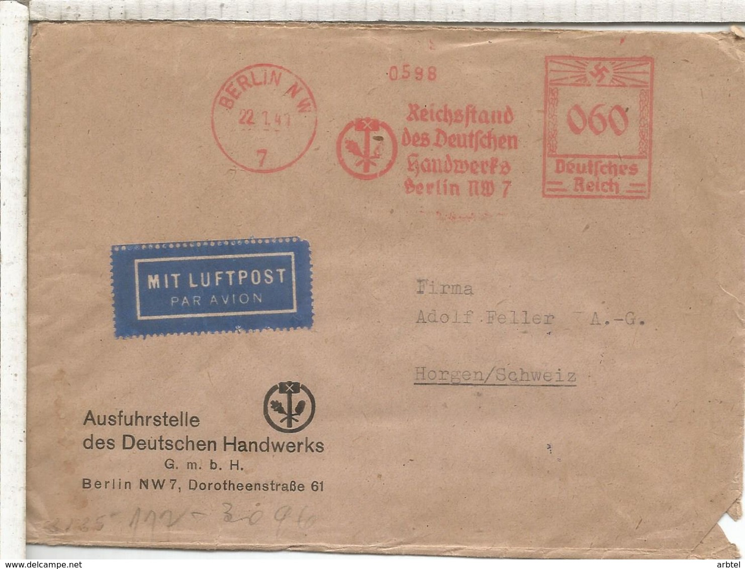 ALEMANIA RECIH 1941 BERLIN METER HANDWERKS ARTESANIA CON CENSURA CENSORED - Cartas & Documentos