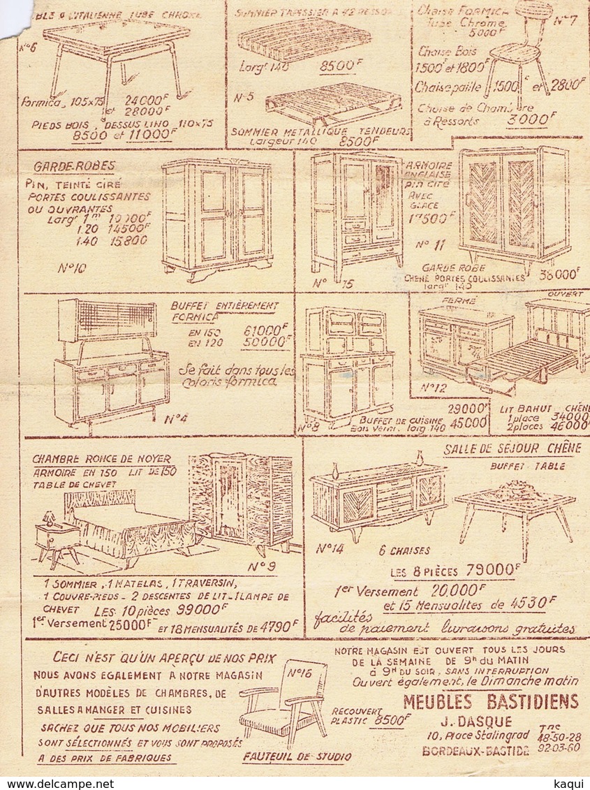 Les Meubles BASTIDIENS - J. DASQUE - 10 Place De Stalingrad - BORDEAUX-BASTIDE - Werbung