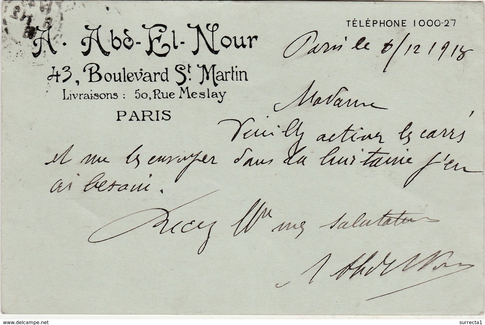 Carte Commerciale  1918 / A. Abd El Nour / 43 Bd St Martin / 75 Paris - Autres & Non Classés