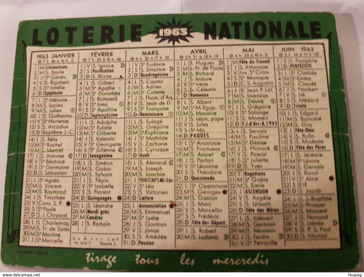 CALENDRIER 1963 LOTERIE NATIONALE - Petit Format : 1961-70