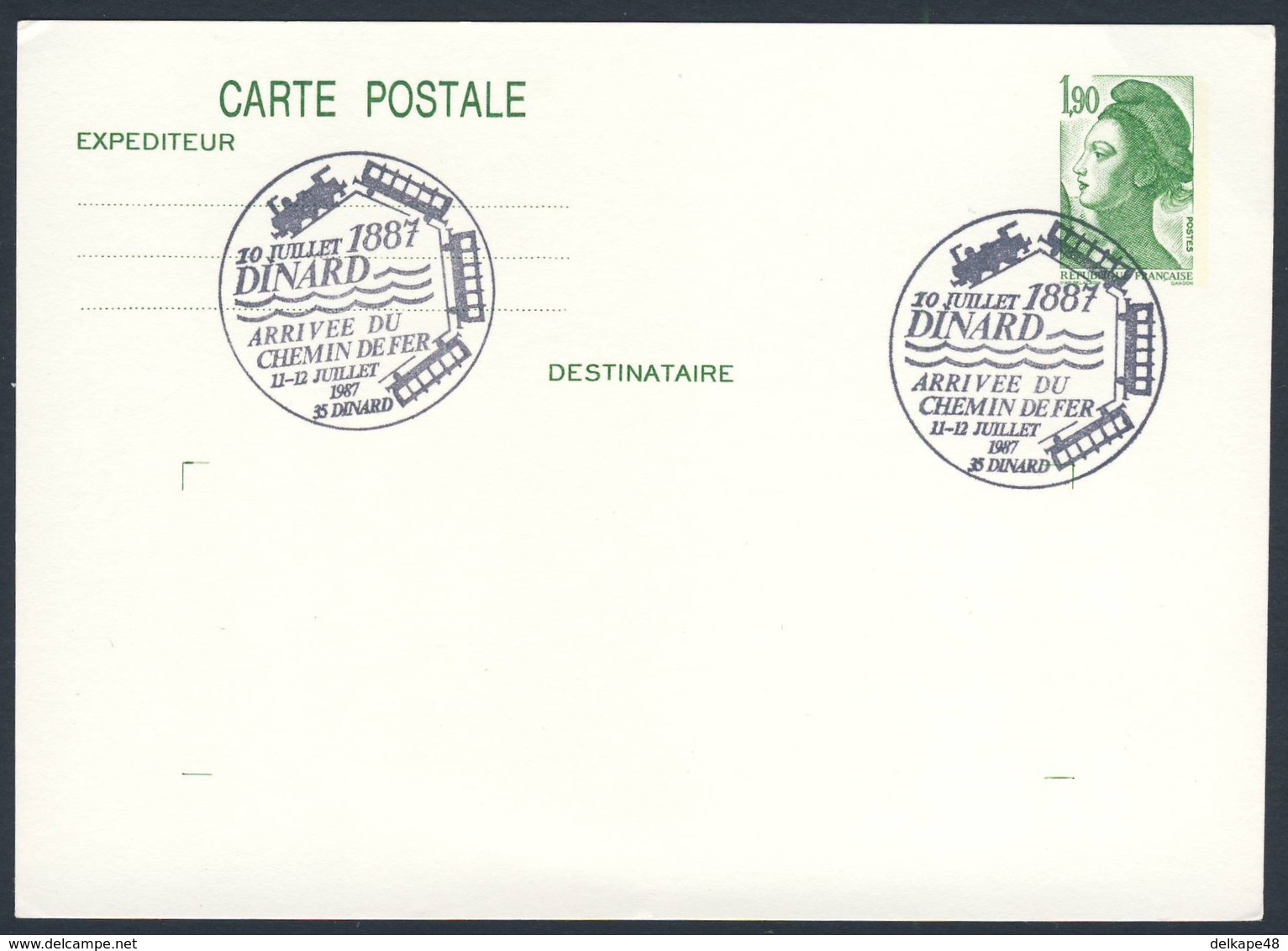 France Rep. Française 1987 Card / Karte / Carte - Dinard 10 Juillet 1887, Arrivee Chemin De Fer: Ligne Dinan - Dinard - Treinen