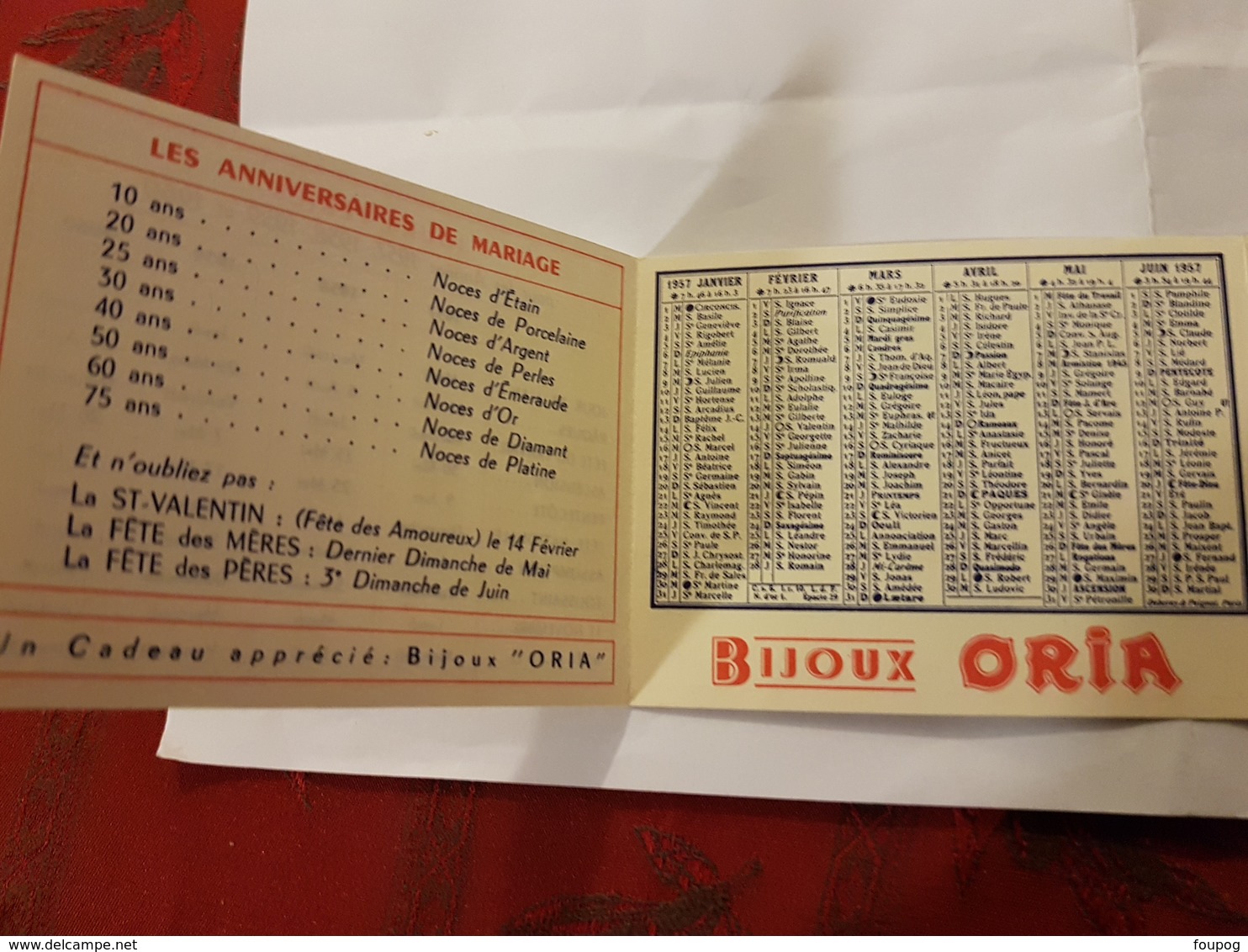 CALENDRIER 1957 BIJOU ORIA - Petit Format : 1941-60