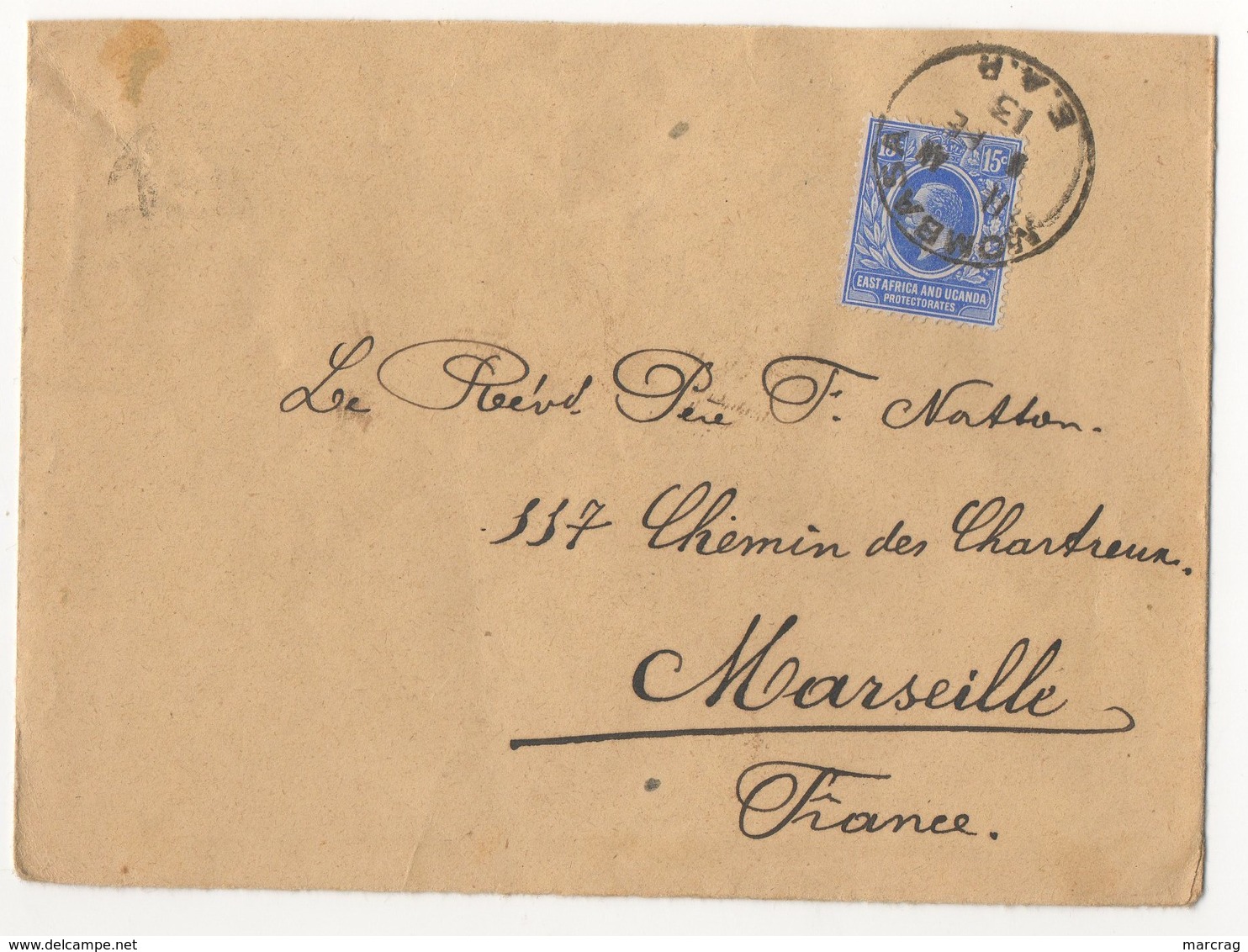 LETTRE DE MONBASA KENYA DE 1913 POUR MARSEILLE - Kenya & Ouganda