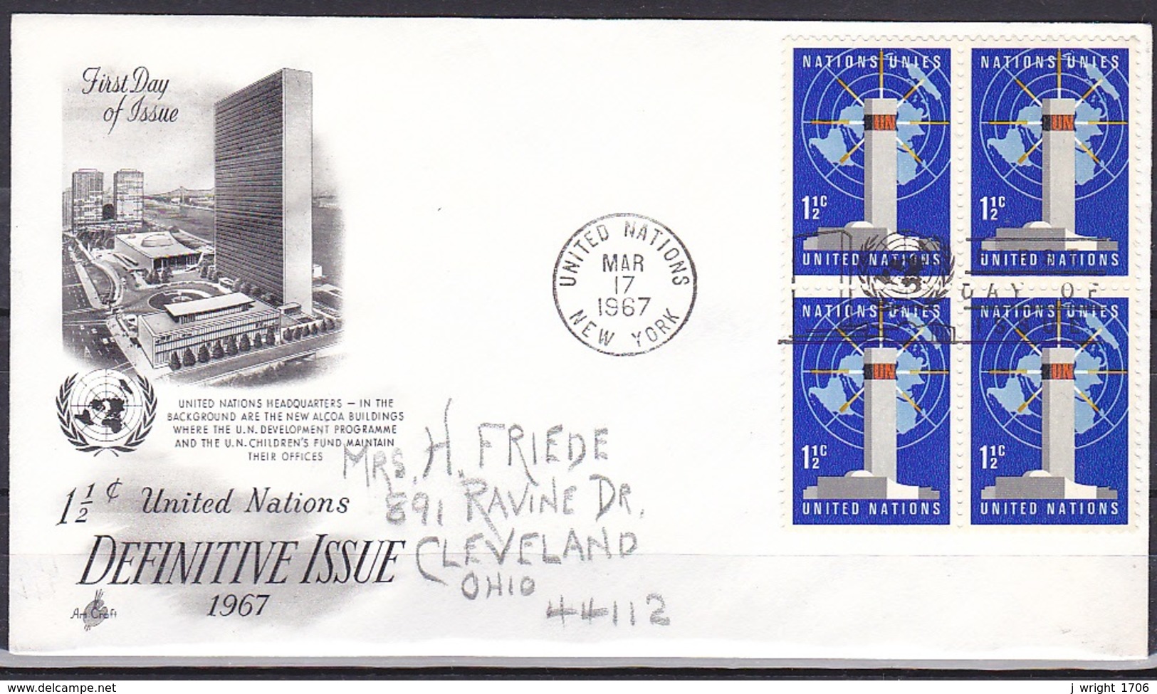 UN/New York/1967 - UN Headquarters - 1 1/2 C Block - FDC - FDC