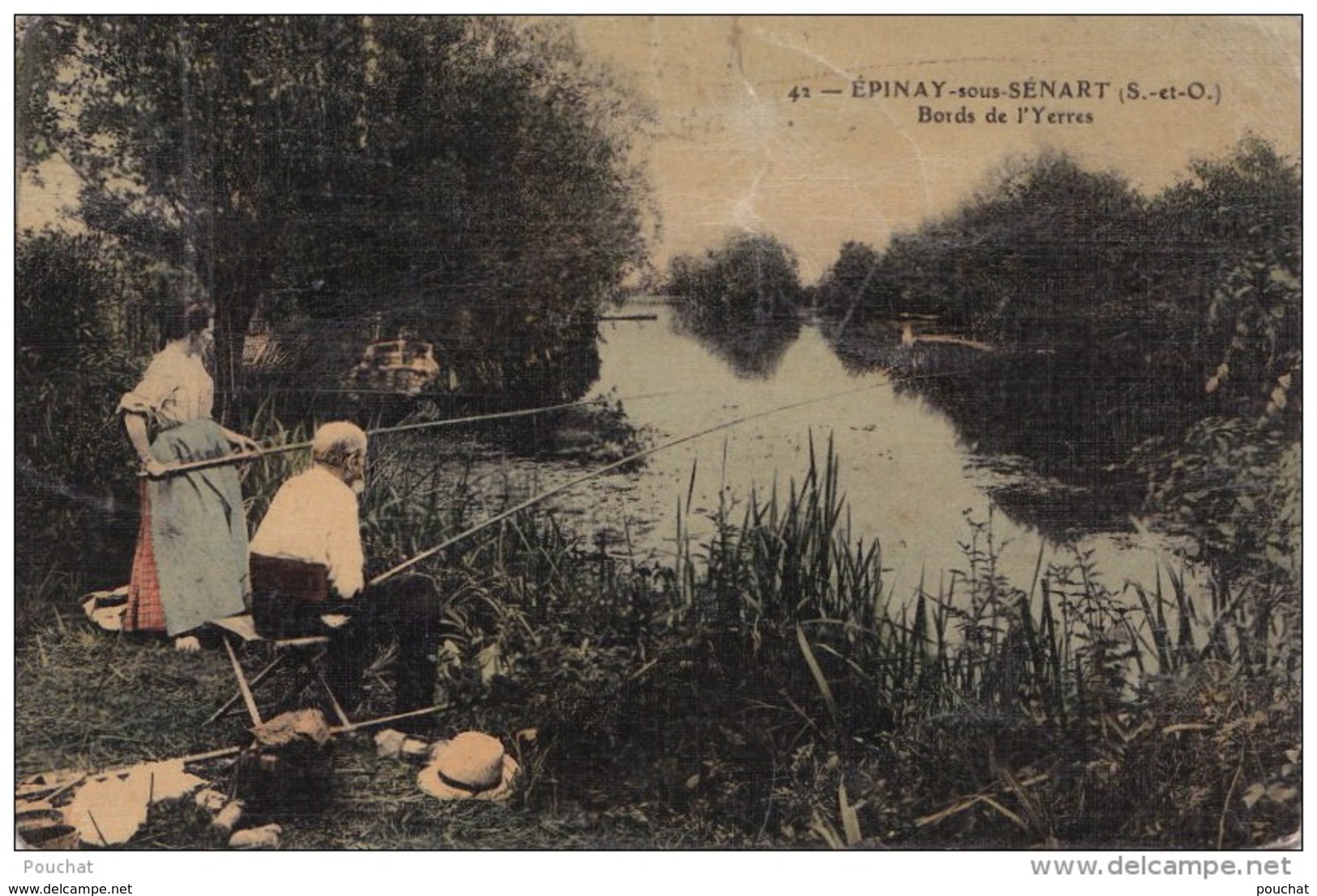 IS29-  91) EPINAY SOUS SENART  (SEINE ET OISE) BORDS DE L'YERRES   - (ANIMÉE - PÊCHEURS A LA LIGNE - CARTE TOILÉE - 2 SC - Epinay Sous Senart