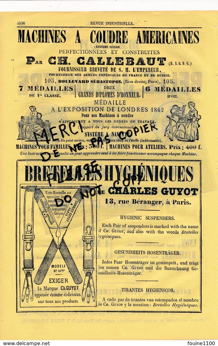 PUB ANNEE 1866 Maison De La Belle Jardinière Machine à Coudre Système Singer CALLEBAUT Bretelles Charles GUYOT à Paris - Werbung