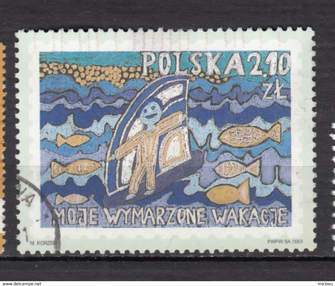 ##25, Pologne, Poland, Polska, Dessin D'enfant, Children Drawing, Poisson, Fish, Bateau, Boat, Voile - Used Stamps