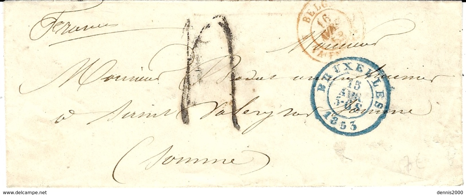 1853- Enveloppe En Port Du De BRUXELLES  Taxe 4 D; Pour La France - 1849-1865 Medaillons (Varia)