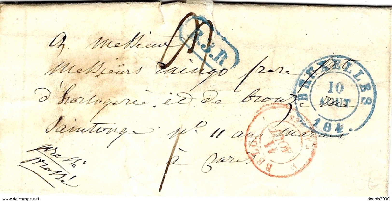 1840- Enveloppe En Port Du De BRUXELLES  Taxe 9 D; Pour La France + B.3.R   Bleu - 1849-1865 Medaillen (Sonstige)