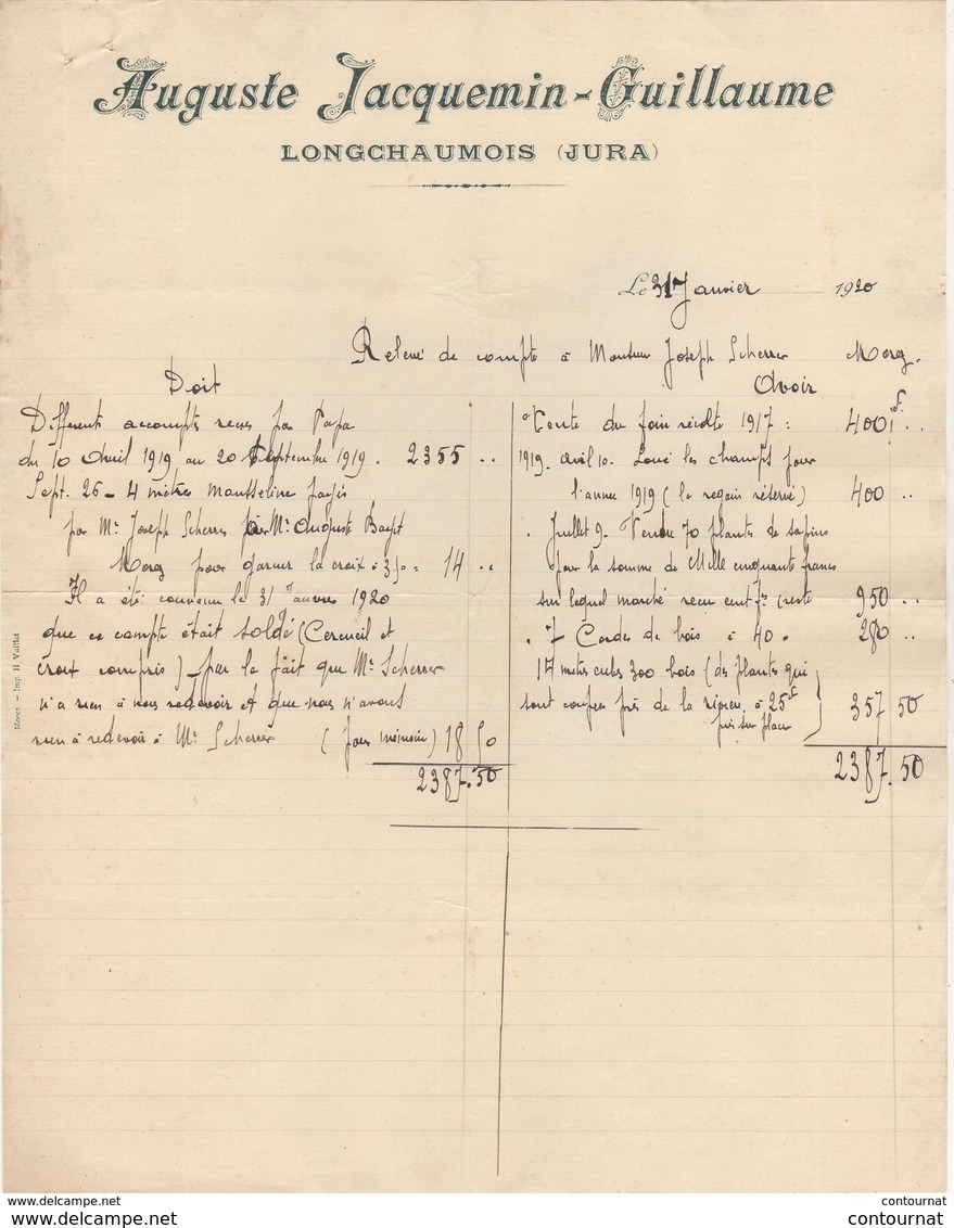 39 LONGCHAUMOIS Près MOREZ  FACTURE 1920 Lapidaire Pierrres JACQUEMIN GUILLAUME  Y77 - Transporte