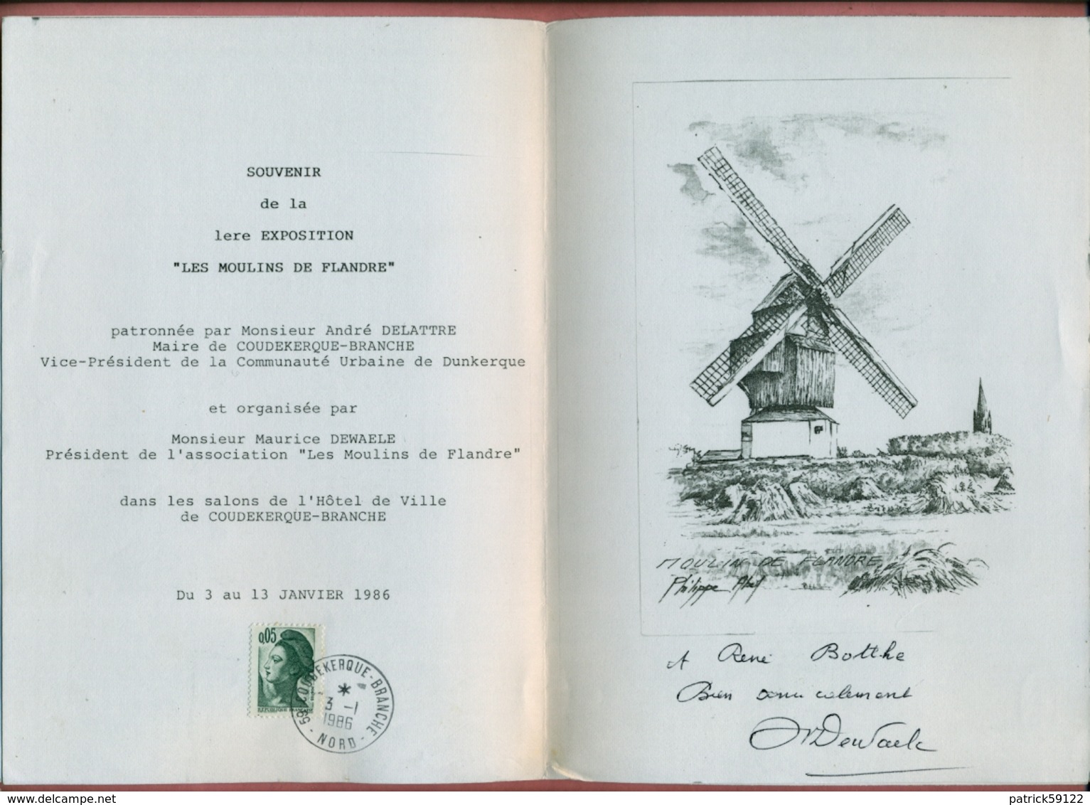 DOCUMENT / CURIOSITE PHILATELIQUE : CROQUIS DE PHILIPPE ABEL : MOULIN DE FLANDRE - DEDICACE DE M DEWAELE ( COUDEKRQUE B - Sonstige & Ohne Zuordnung