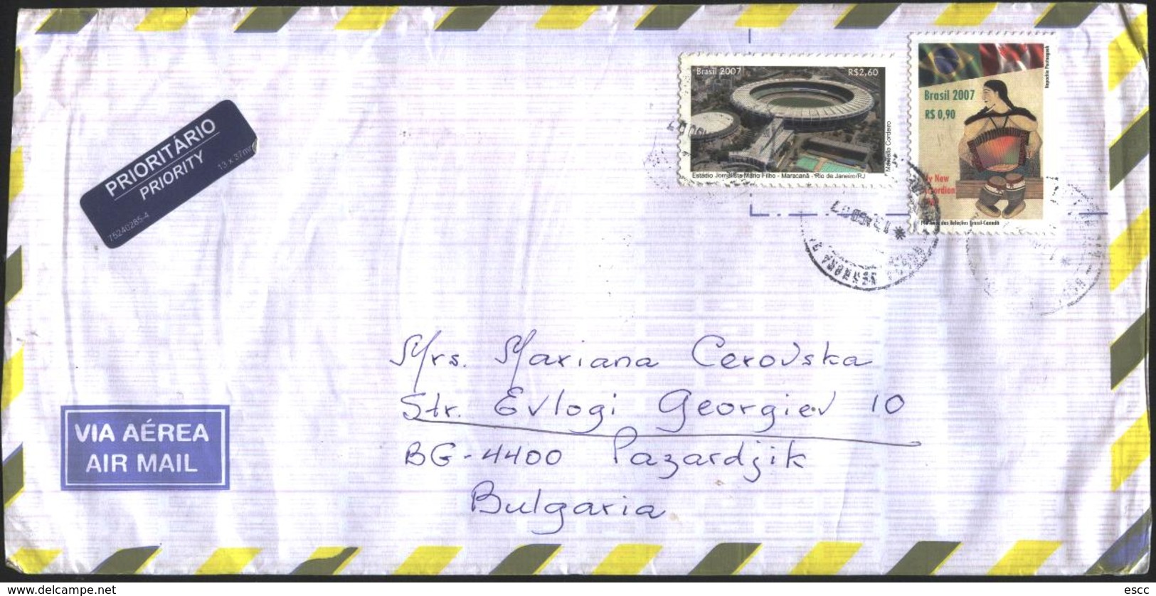 Mailed Cover (letter) With Stamps Maracana Stadium, Musical Instrument Accordone 2007 From Brazil Brasil To Bulgaria - Brieven En Documenten