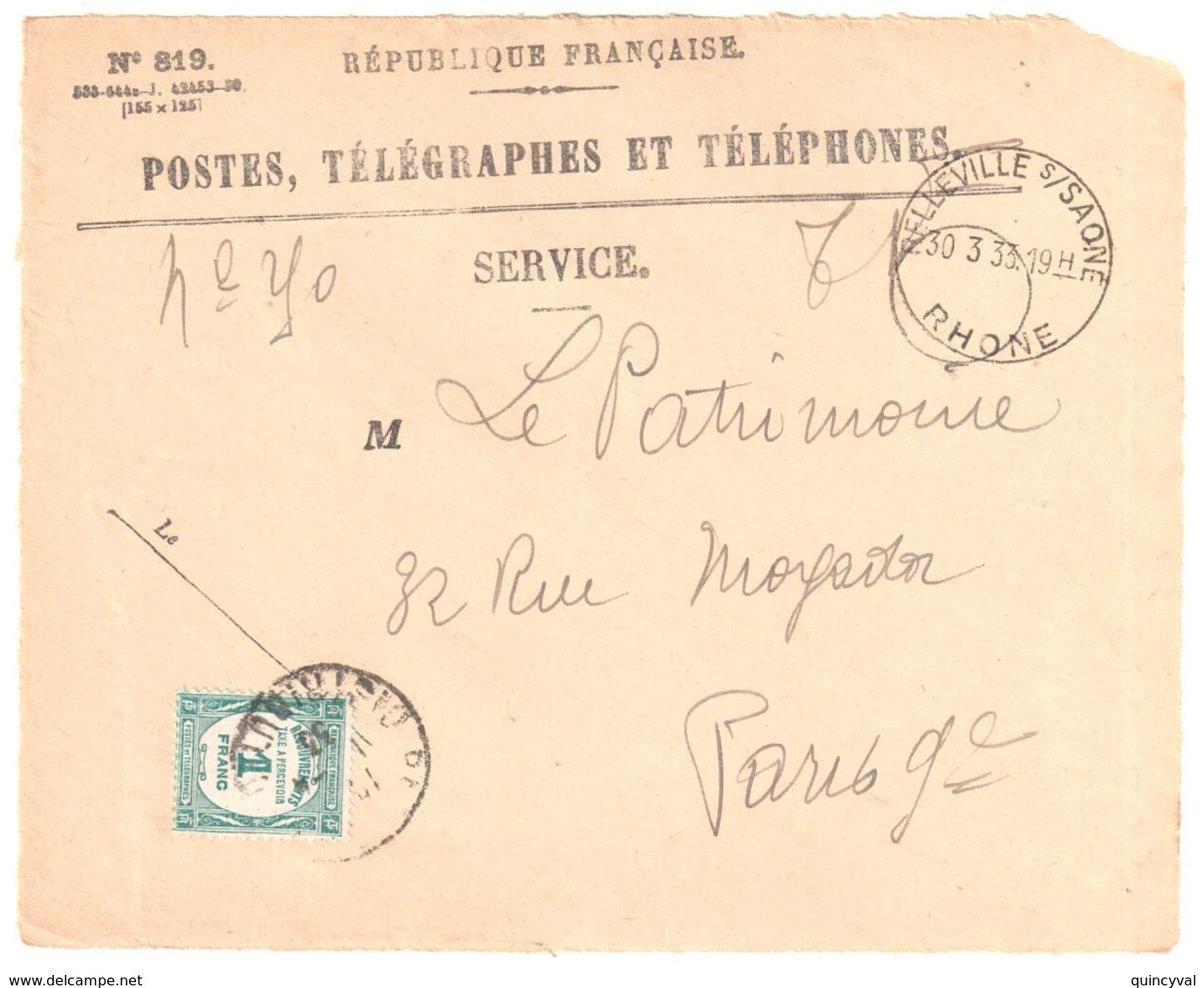 BELLEVILLE/SAONE Rhone Ob 1933 Horoplan Devant Enveloppe 819 Recommandée Valeurs Non Recouvrées Taxe 1F Vert Yv 60 - 1859-1959 Covers & Documents