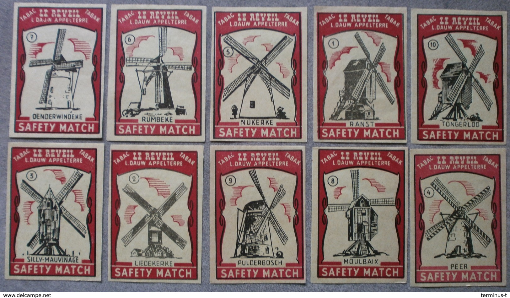 Tabac Le Réveil L.Dauw Appelterre: 10 Etiketten Molens (Safety Match) - Boites D'allumettes - Etiquettes