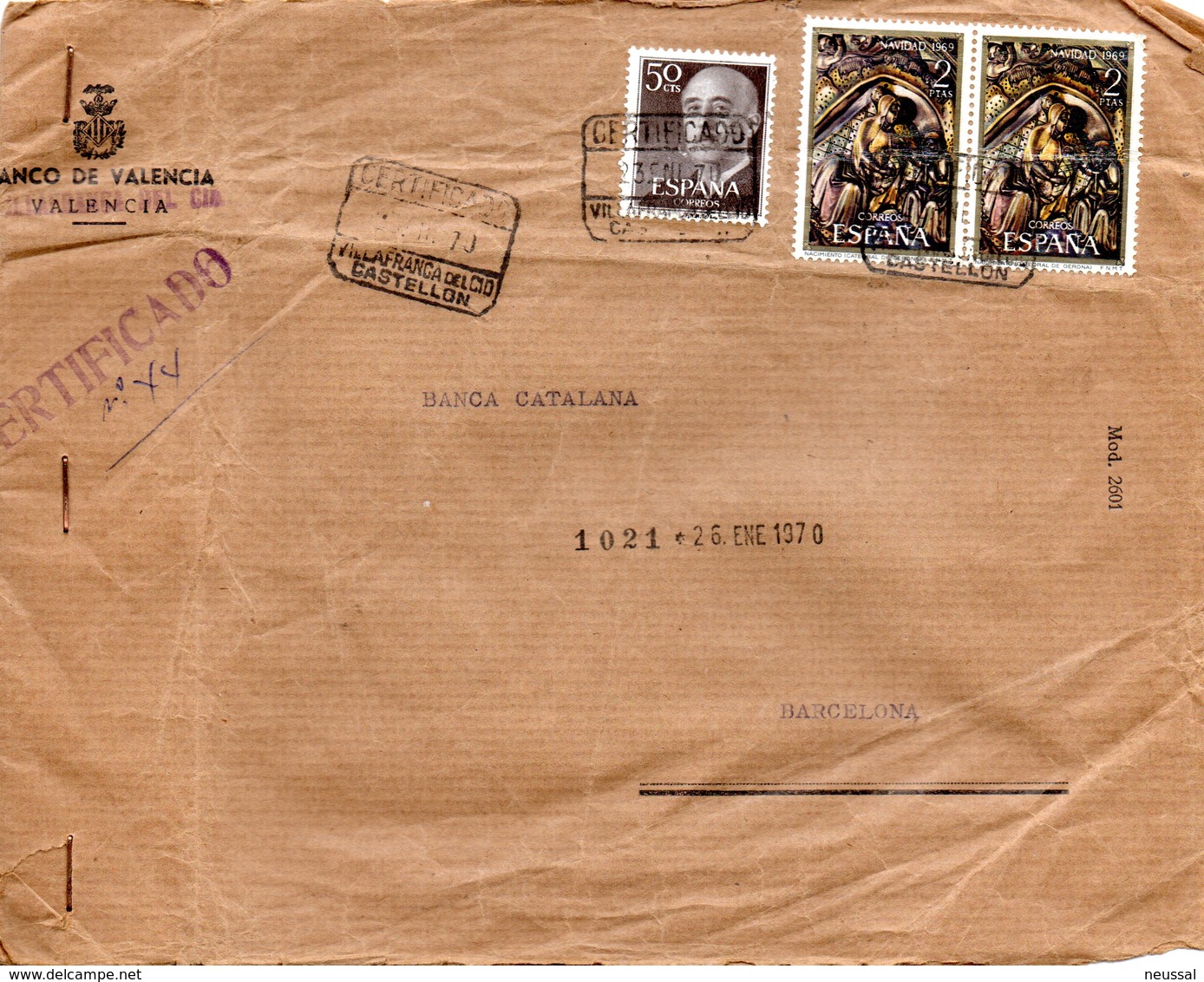 Carta Con Matasellos Certificado Villafranca Del Cid Castellon De 1970 - Cartas & Documentos
