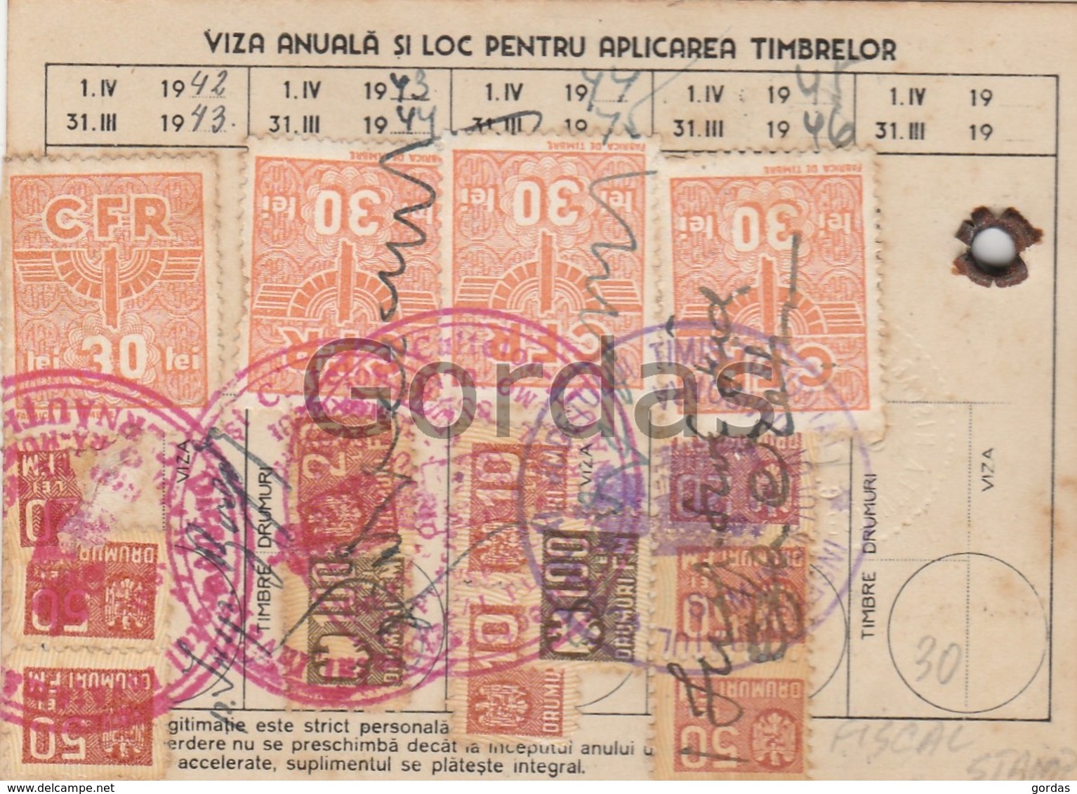 Romania - Permis De Tren - CFR - Timbre Fiscale - Train Season Ticket - 1942 - Fiscal Stamps - Roumanie