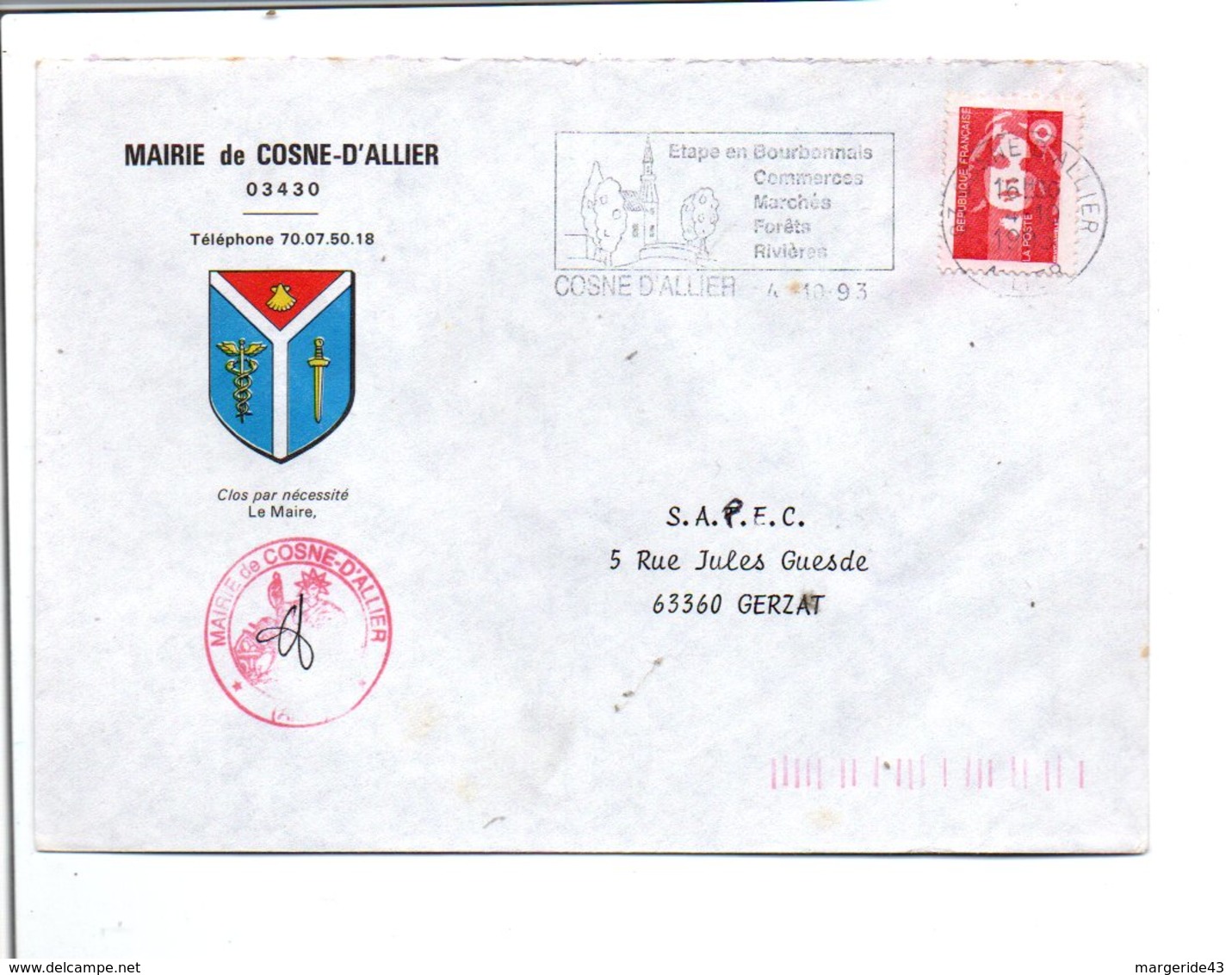 LETTRE DE MAIRIE DE COSNE-D'ALLIER  ALLIER - 1961-....