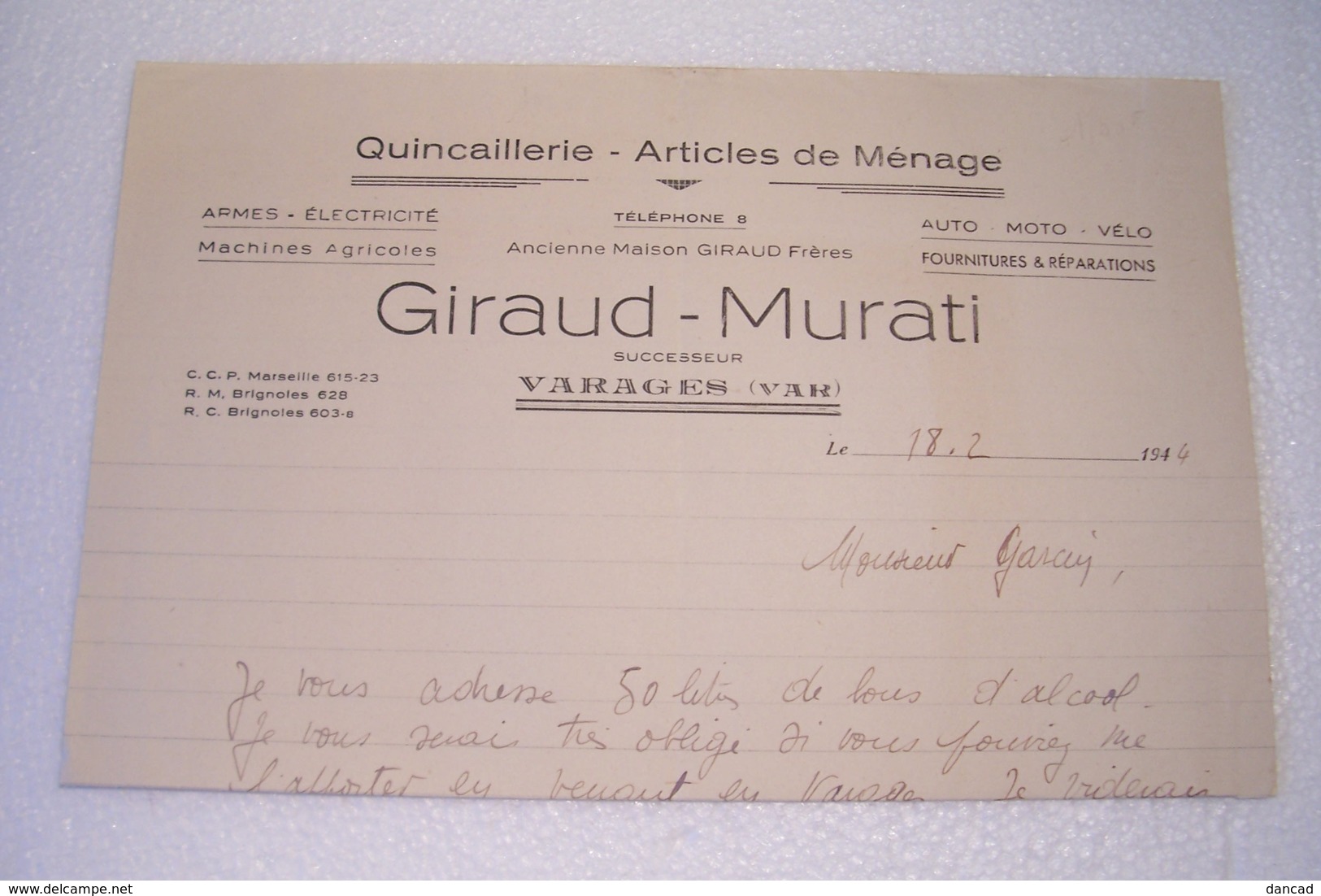 VARAGES     -  GIRAUD - MURATI  - Quincaillerie - Articles De Ménage  - ( Année 1944 ) - Perfumería & Droguería