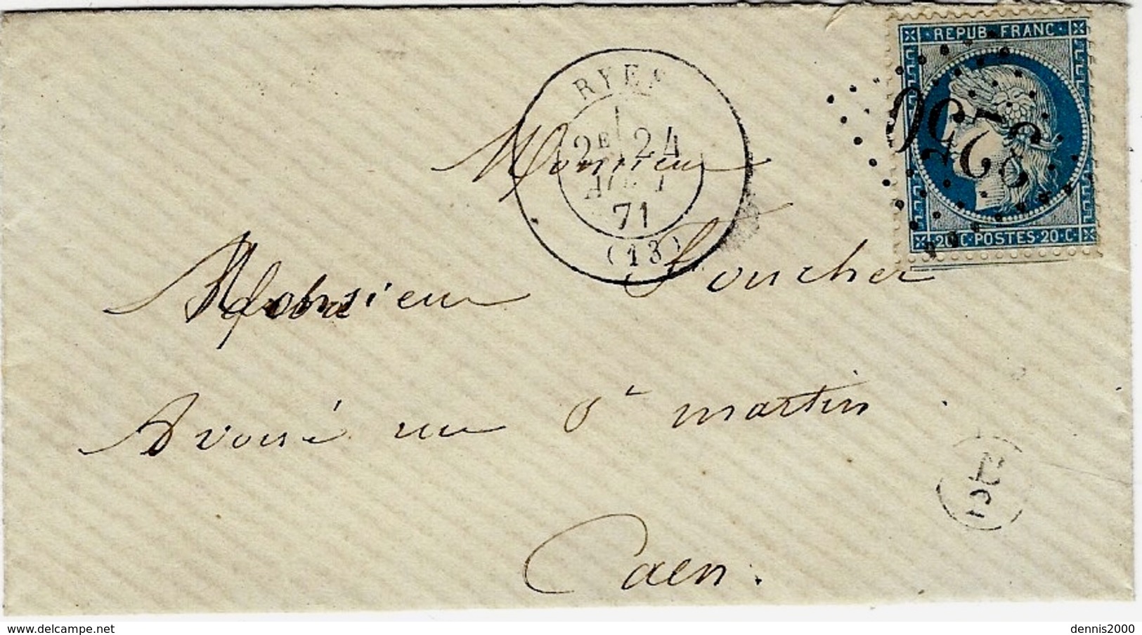 1871- Enveloppe De RYES ( Calvados ) Cad T17 Affr. N°60 Oblit. G C 3250 - 1849-1876: Période Classique