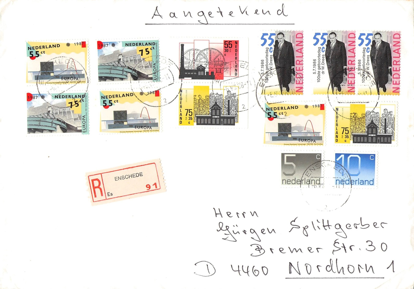 NETHERLANDS - RECO 1988 ENSCHEDE - NORDHORN Mi #1299, 1318, 1319, 1315, 1317 - Brieven En Documenten