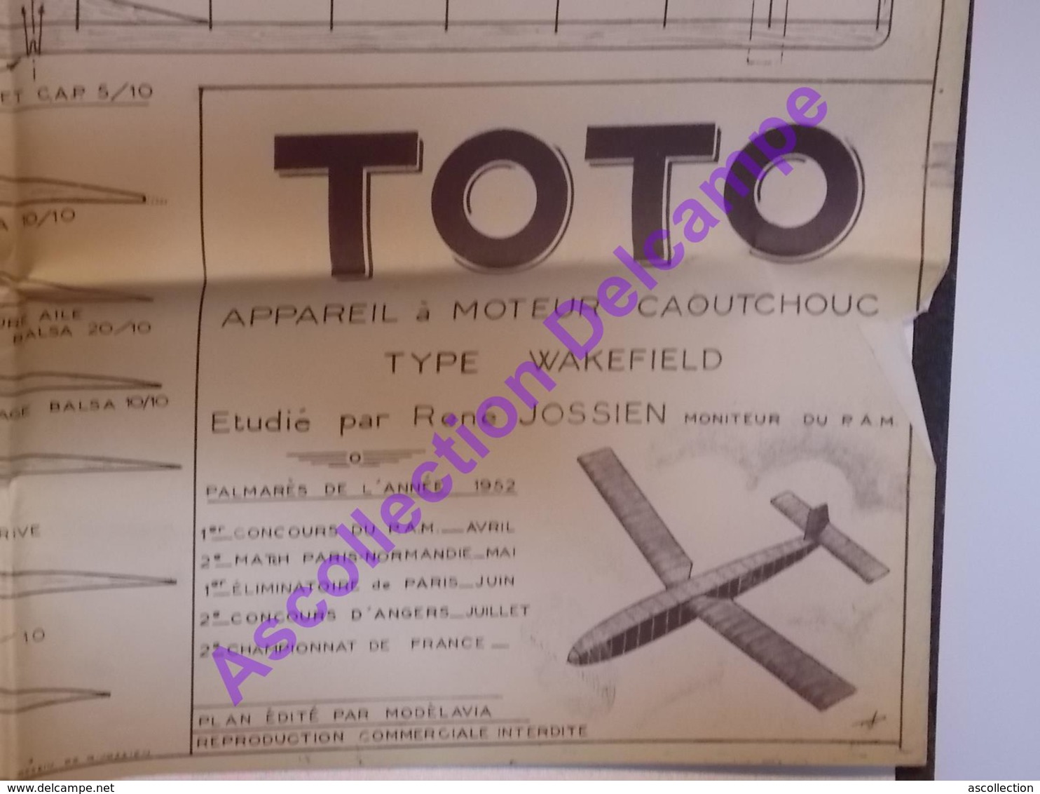 Plan Aeromodelisme Maquette Avion Planeur Le Toto Moteur Caoutchouc Wakefield 1952 PAM Modèlavia - Aerei