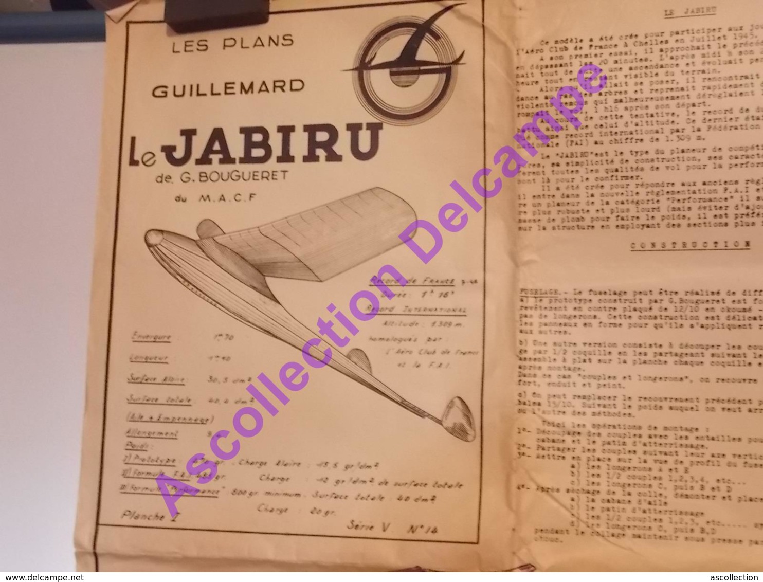 Plan Aeromodelisme Maquette Avion Planeur Le Jabiru G Bougueret MACF 2 Planches Plans Guillemard - Avions