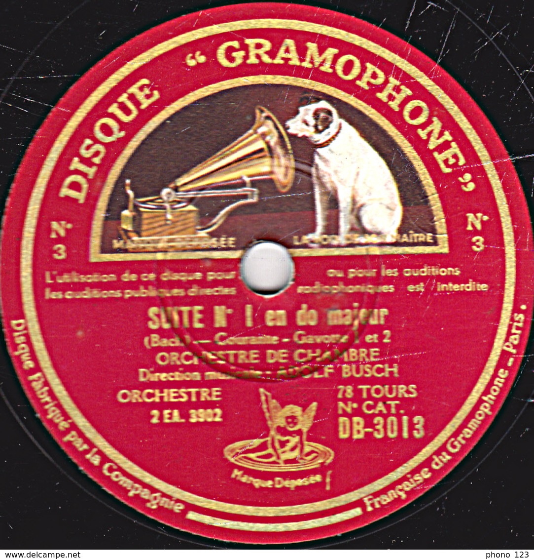 78 Trs - 30 Cm - état B - SUITE N°1 En Do Majeur (Bach) ORCHESTRE DE CHAMBRE  Direction ADOLF BUSCH - 78 Rpm - Schellackplatten