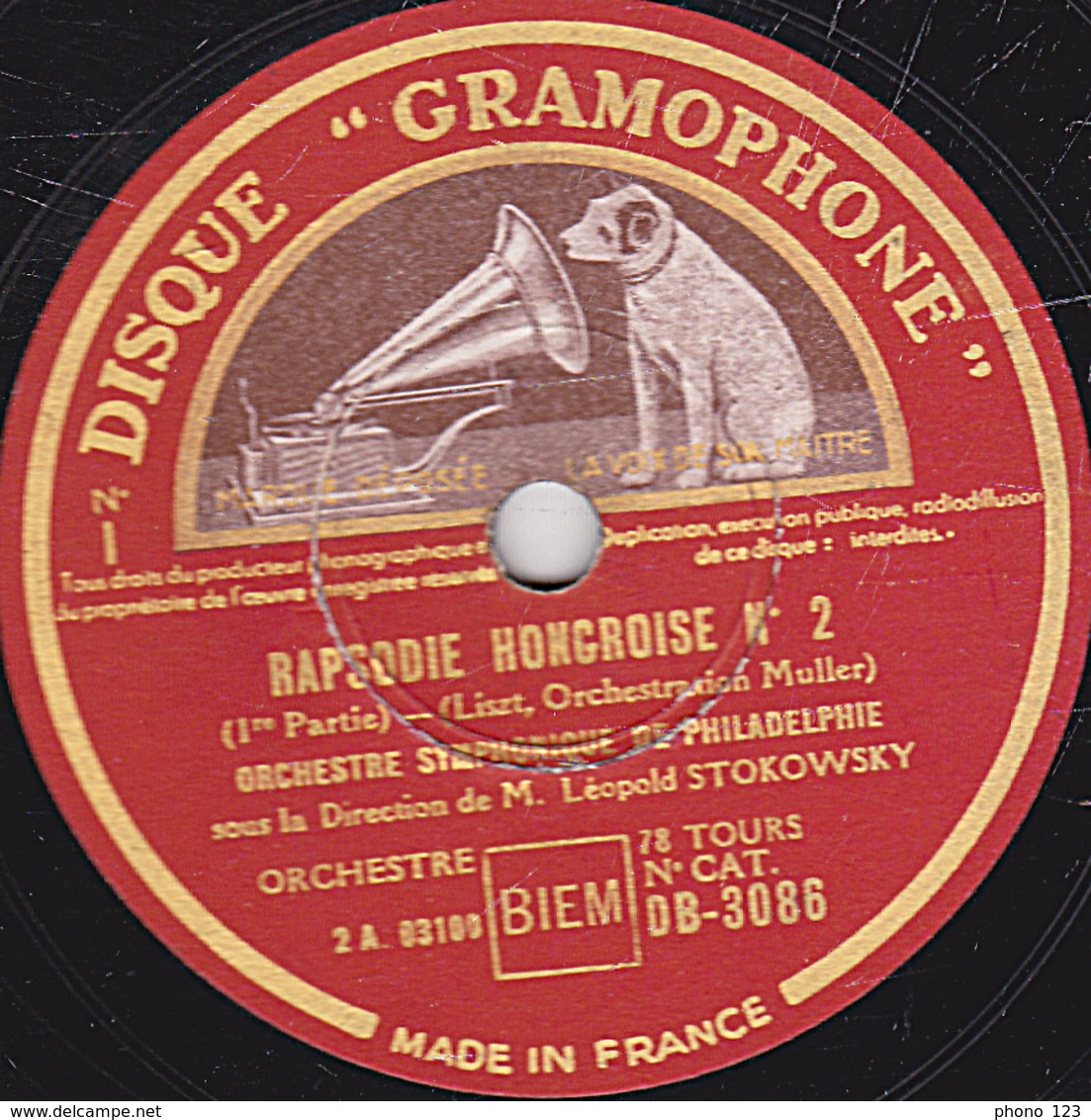 78 Trs - 30 Cm - état TB - RAPSODIE HONGROISE N°2 ((Liszt) 1re Partie Et Fin ORCHESTRE SYMPHONIQUE DE PHILADELPHIE - 78 T - Disques Pour Gramophone