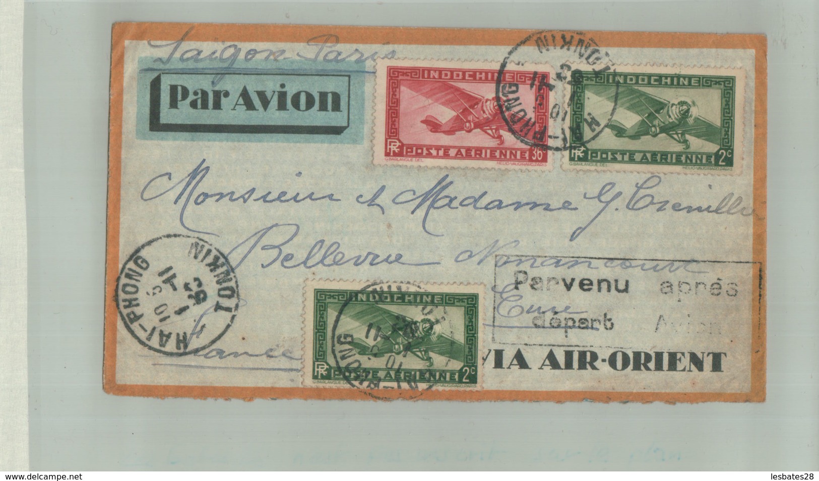 Erinnophilie Lettre TONKIN HAI-PHONG  VIA AIR ORIENT SAÏGON PARIS Etour De Poste Aérienne Indo-chine 1933  Dec 2018 594 - Poste Aérienne