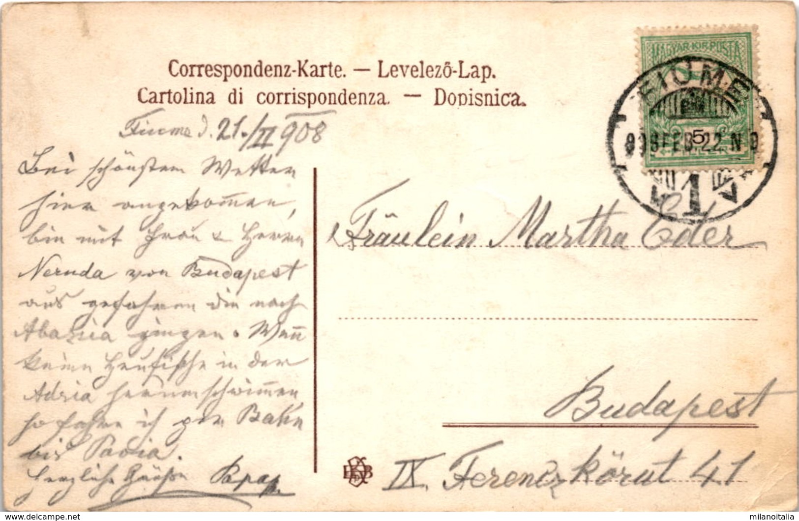 Adria * Poststempel Fiume 22. 2. 1908 - Croatie