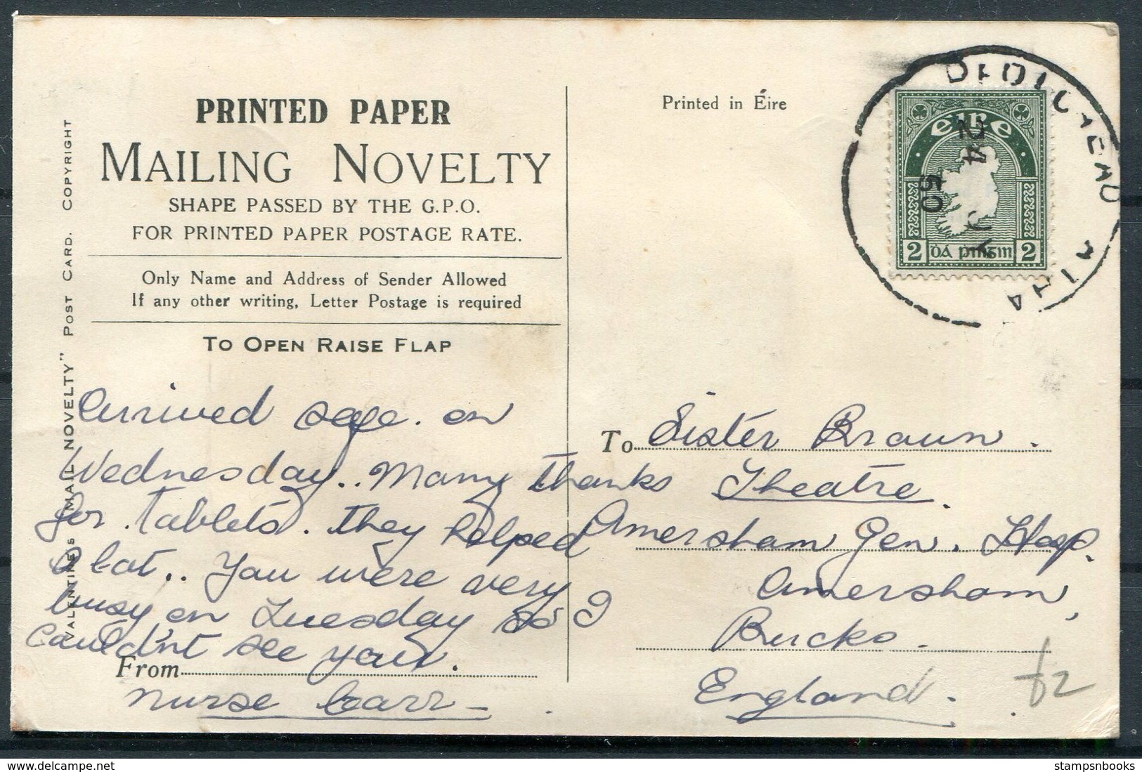 1950 Ireland Eire Drogheda Jaunt Horse & Carriage Novelty Postcard - Amersham General Hospital. Skeleton Postmark - Covers & Documents