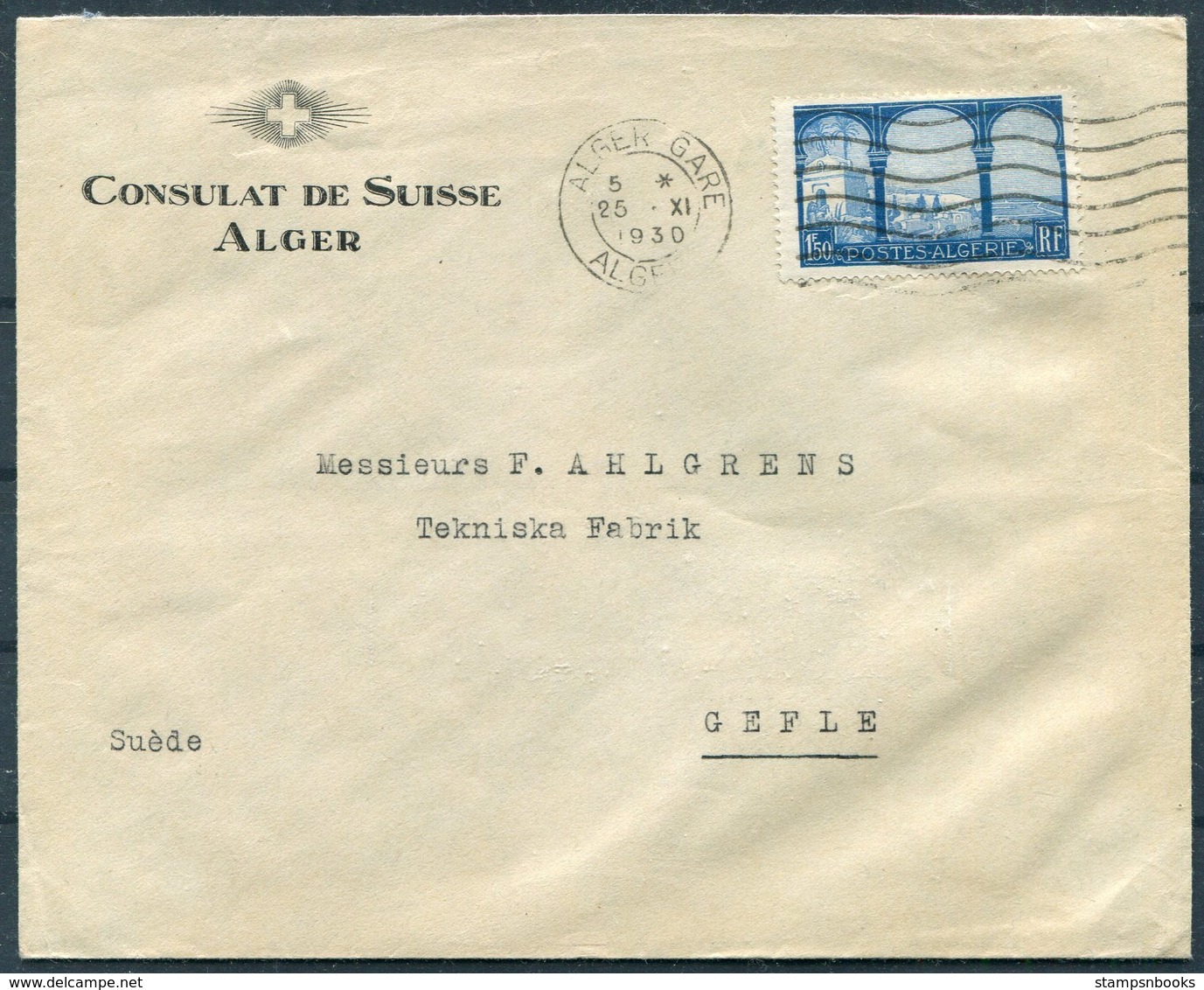 1930 Algeria Consulat De Suisse Alger Gare Cover - Gefle Sweden. Swiss Diplomatic Consulate - Covers & Documents