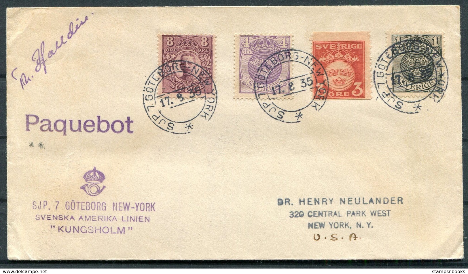 1935 Sweden Paquebot SJP. 7 Goteborg - New York, USA. KUNGSHOLM Ship Cover - Covers & Documents