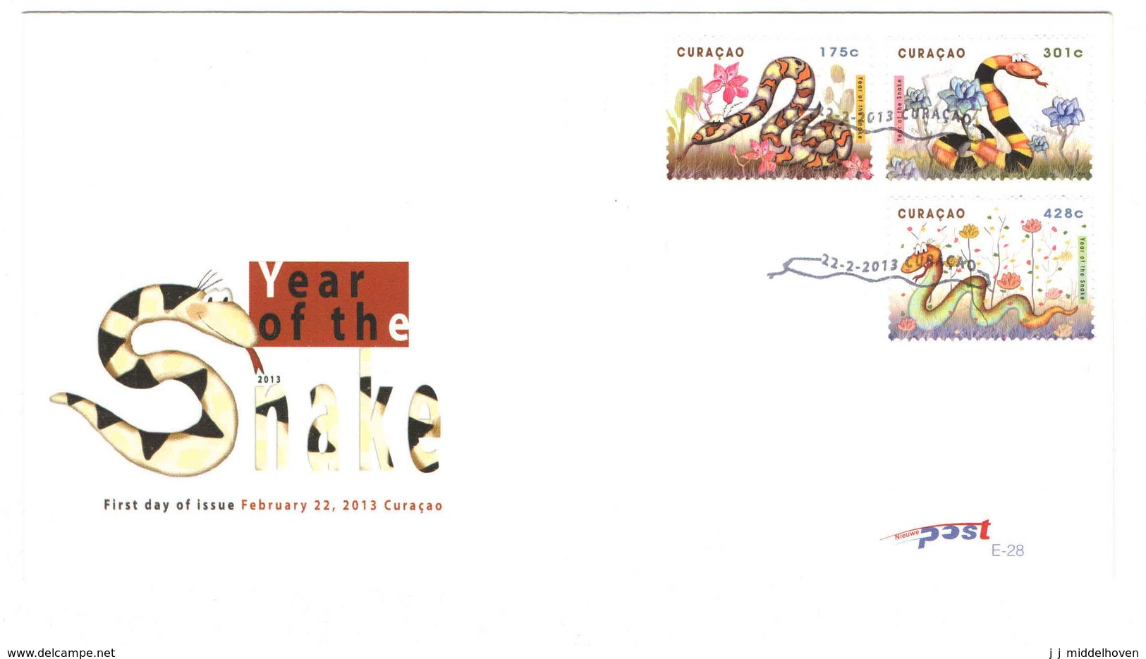 Curacao FDC E28 Zonder Adres. Jaar Van De Slang, Year Of The Snake, Date Of Issue: 22-2-2013 - Curaçao, Nederlandse Antillen, Aruba