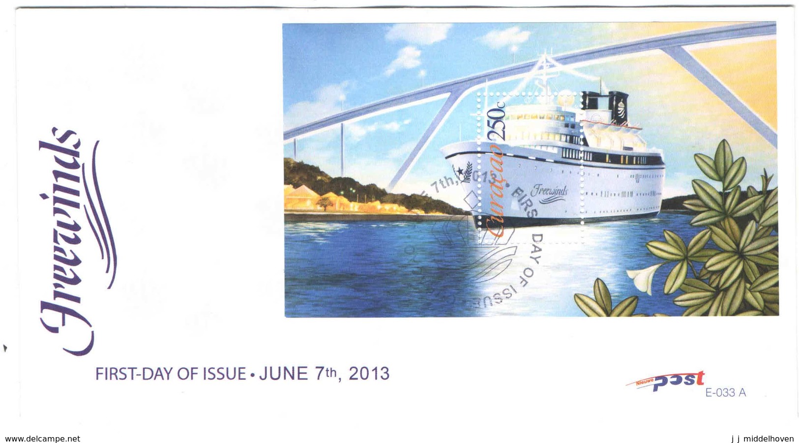 Curacao FDC E33A Zonder Adres. Cruiseschip Free Winds, Date Of Issue: 7-6-2013 - Curacao, Netherlands Antilles, Aruba